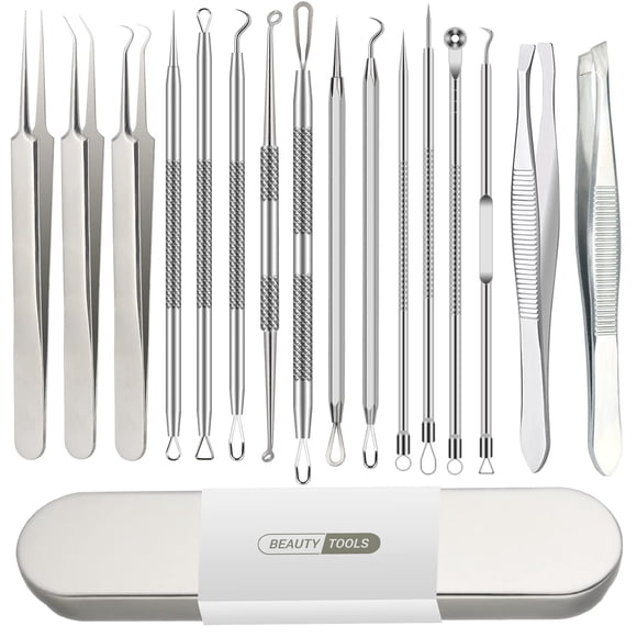Kit de herramientas para hacer estallar espinillas Qimouwp, 16 piezas con caja de acero inoxidable