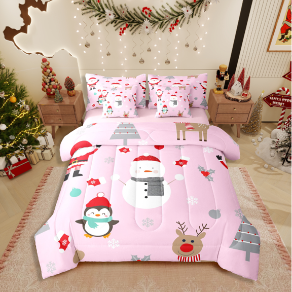 Castle Fairy Kids Penguin Deer 7-Piece Twin Bedding Sets,Christmas Snowman Bedding Comforter Set,Festival Xmas Breathable Sheet Sets,Lightweight Room Decor