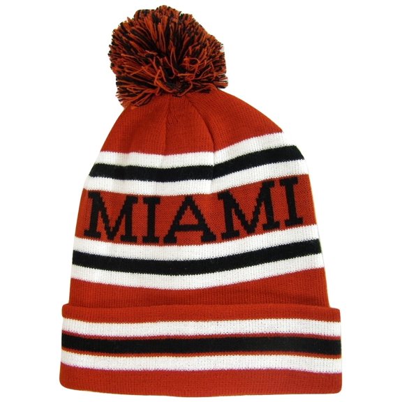 Miami Adult Size Winter Knit Beanie Hats (Red/Black Many Stripes)