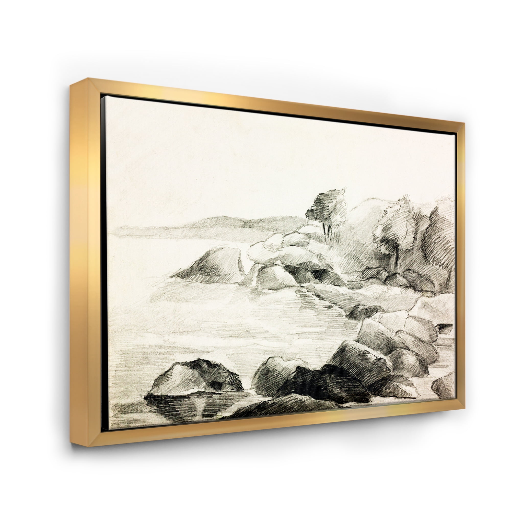 Designart 'Black and White Lake Shore' Nautical & Coastal Framed Canvas Wall Art Print