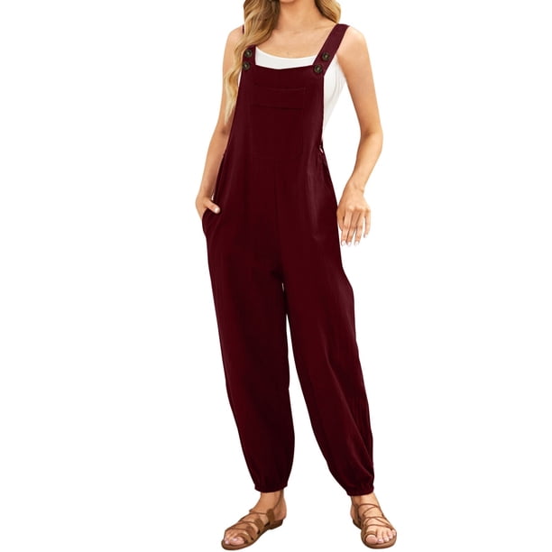 Gibobby pantalones siameses de pierna ancha Mono sin mangas para mujer, mono informal liso de verano, pantalones con peto de pierna ancha, mono con botones y bolsillos con bot(Vino, M)