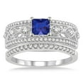 thumbnail image 2 of Art Deco 3 Carat Square Shape Blue Sapphire And Moissanite Diamond Antique Bridal Set Engagement Ring on 10k White Gold, 2 of 2