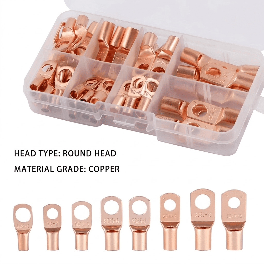 60-Piece SC Tinned Copper Lug Kit, Heavy Duty Ring Terminal Connectors for Bare Cable, 8 Sizes Assorted Electrical Crimp Terminals for Automotive, Marine, and Battery Wiring