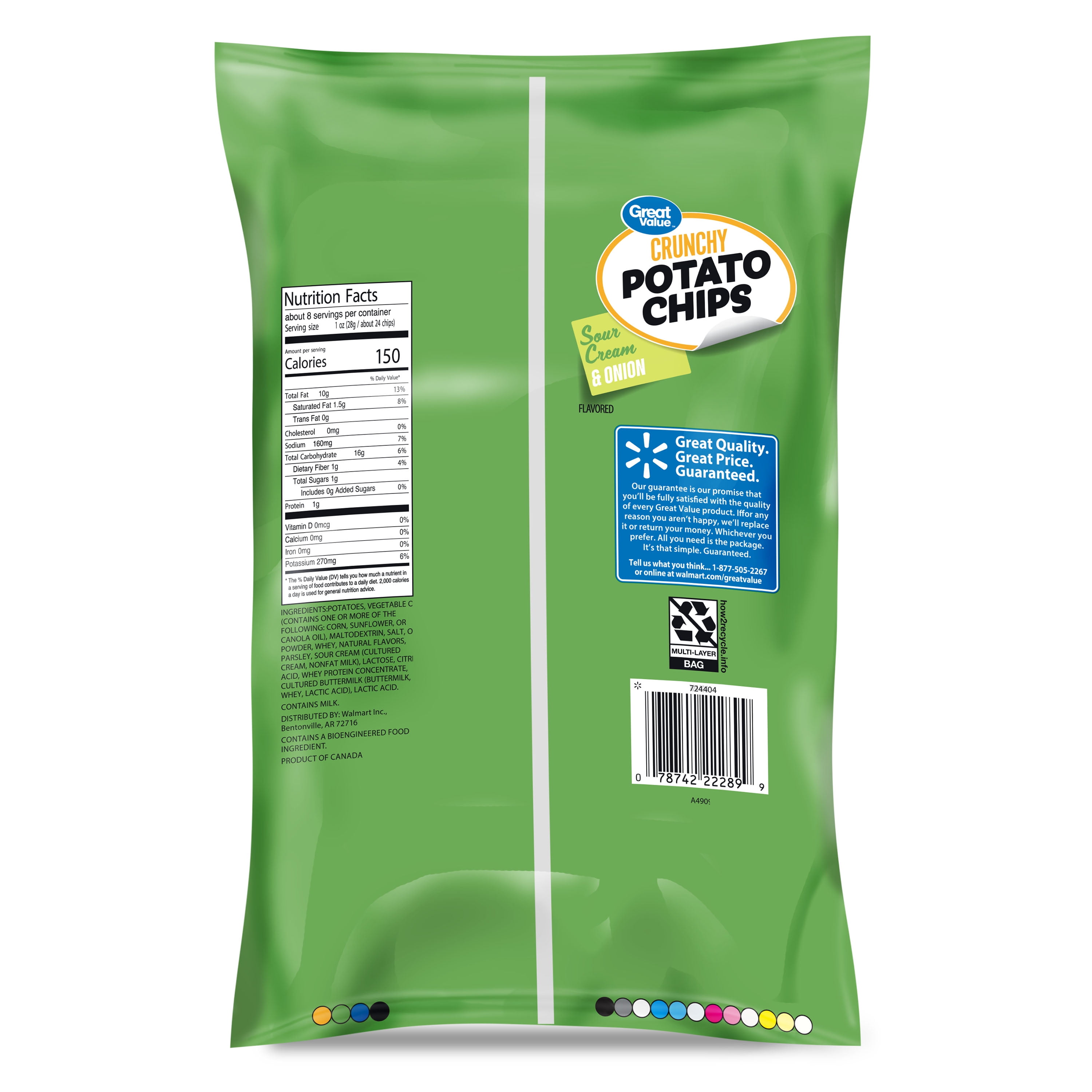 Great Value Sour Cream & Onion Flavored Potato Chips, 7.75 oz Bag