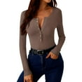 thumbnail image 5 of Olyvenn Women's Long Sleeve Shirts Casual Button up Square Neck Tops Slim Fit Rib Knit Basic Tee 2026 Spring Summer Clothes Brown M, 5 of 9