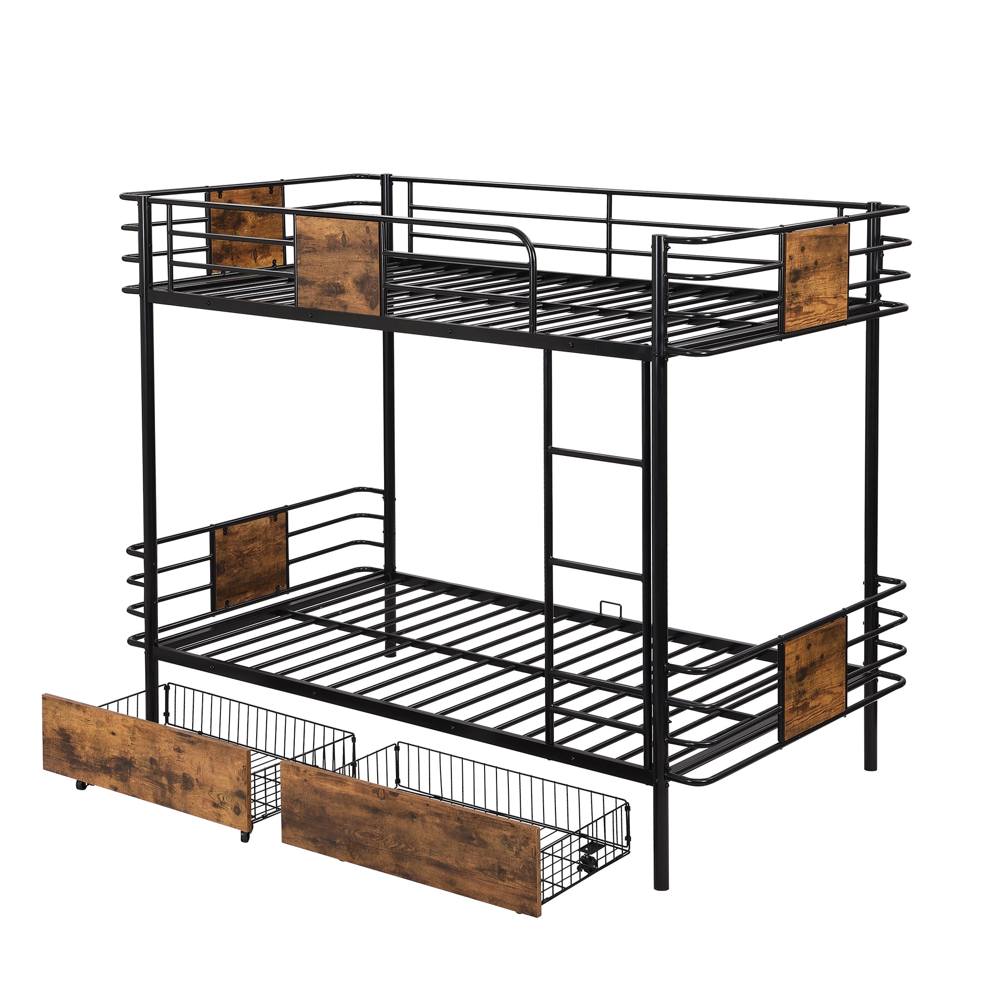 Euroco Metal Twin XL over Twin XL Bunk Bed with 2 Drawers for Kids Teens, Black