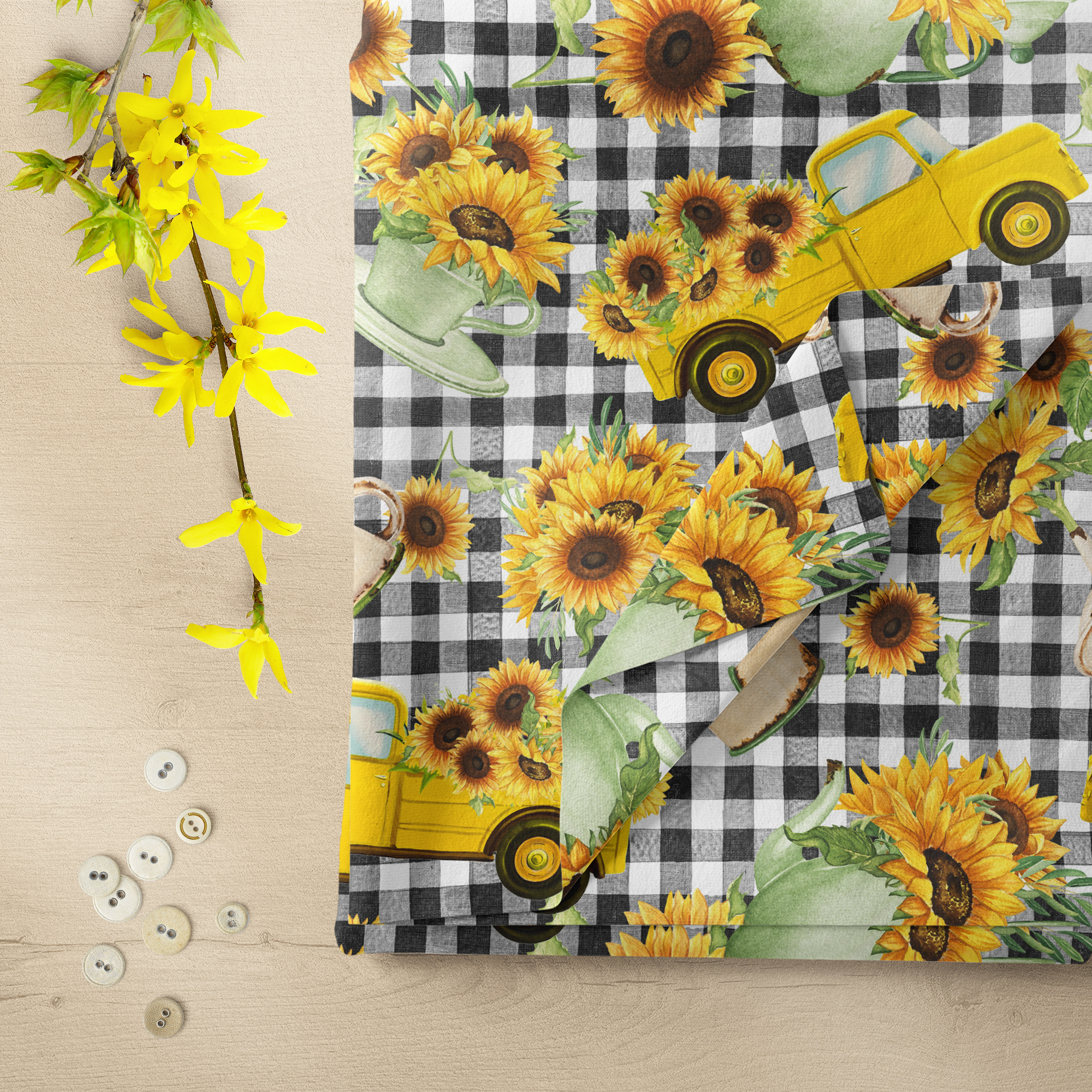 1 Yard 100% Cotton Sunflower Vases, Black, 44" Wide for Quilting & Sewing by David Textiles
