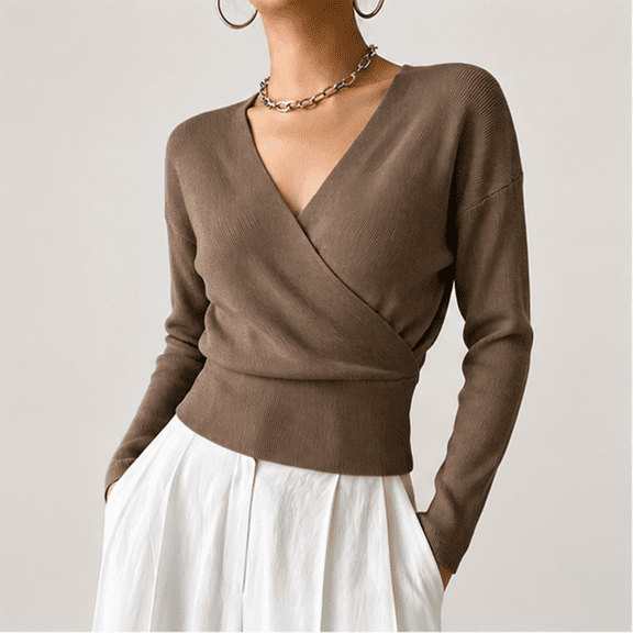 Women Wrap V-Neck Sweater Soft Long Sleeve Knit Pullover Top Slim Fit Waist Cropped Sweaters, L