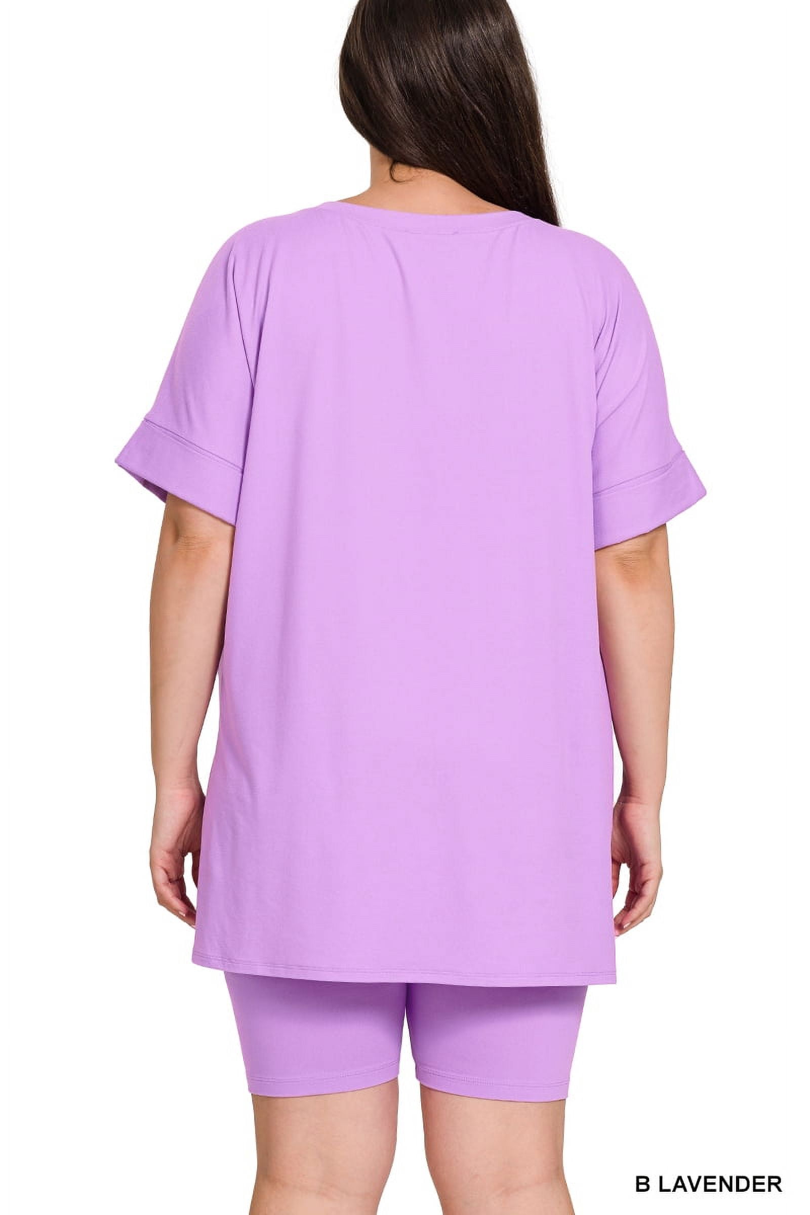 Zenana Plus Size Brushed DTY Microfier V-Neck Short Sleeve Hi-Low Hem & Biker Short Loungewear Set