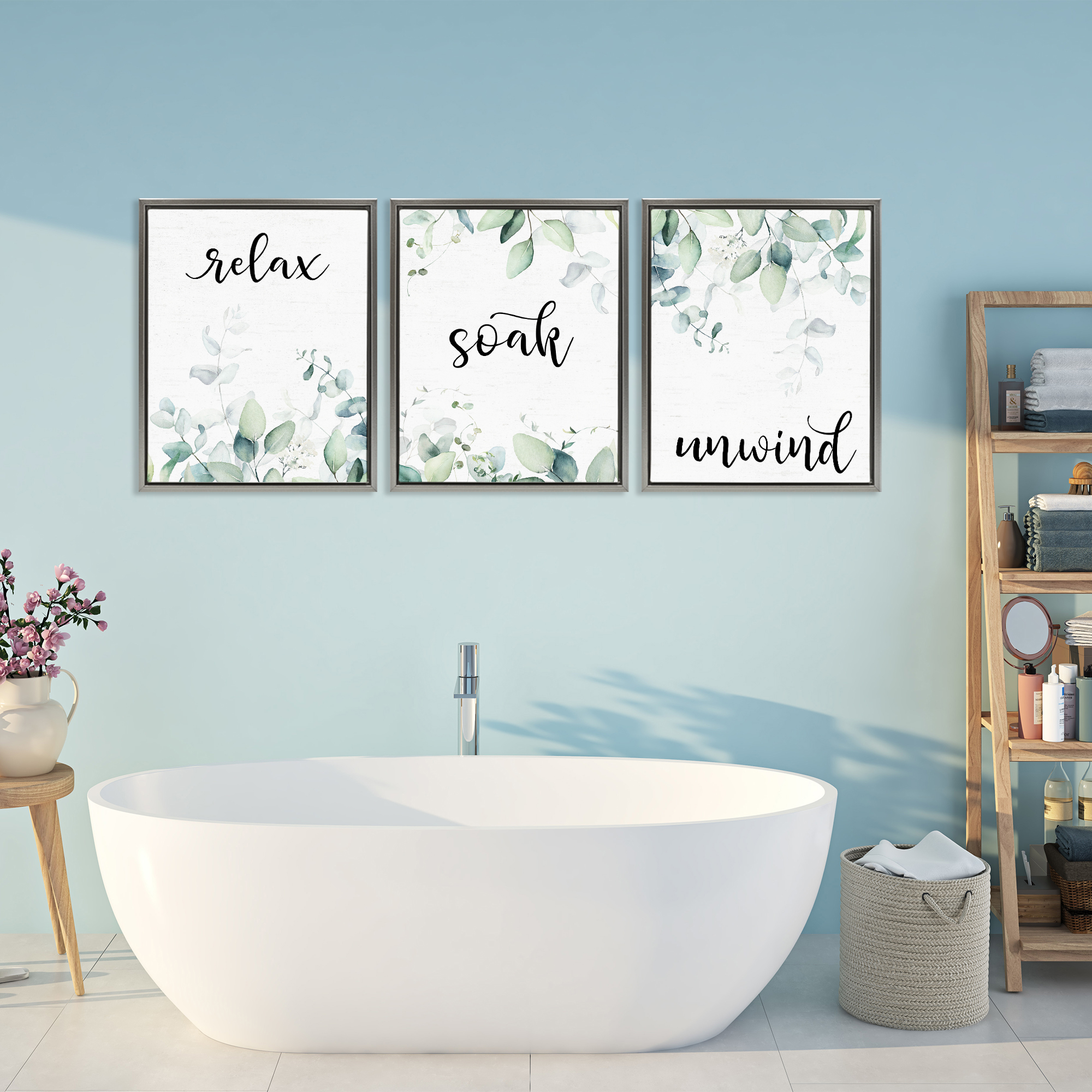 Leafy Bathroom Herbs 3 Piece Gray Framed Floater Canvas Set, design by Lettered and Lined