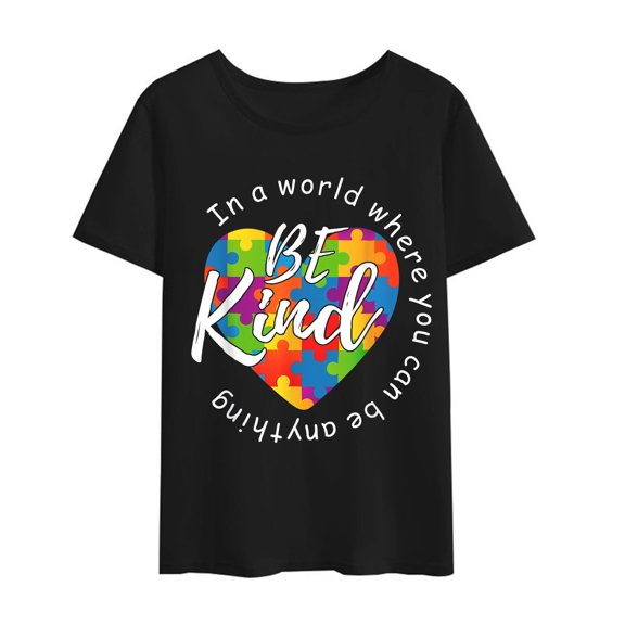 Autism Awareness Shirt for Women Men Be Kind Shirts Teacher Special Education Funny Graphics Casual Shirt Short Sleeve Summer Tee Tops Gift Black Small