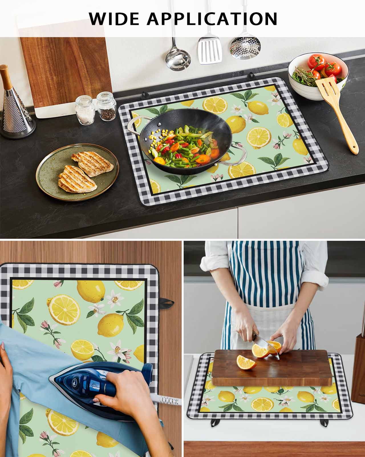 Large Induction Cooktop Protector Mat Lemons Stove Top Covers for Electric Stove, Summer Botanical Black White Plaid Pastoral Decorative Stove Burner Cover Mats, Glass Top Stove Cover