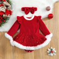 thumbnail image 2 of Newborn Baby Girl Christmas Santa Romper Dress Long Sleeve Velvet Bodysuit Dress Headband 2Pcs Outfit Infant Xmas Clothes Set, 2 of 8