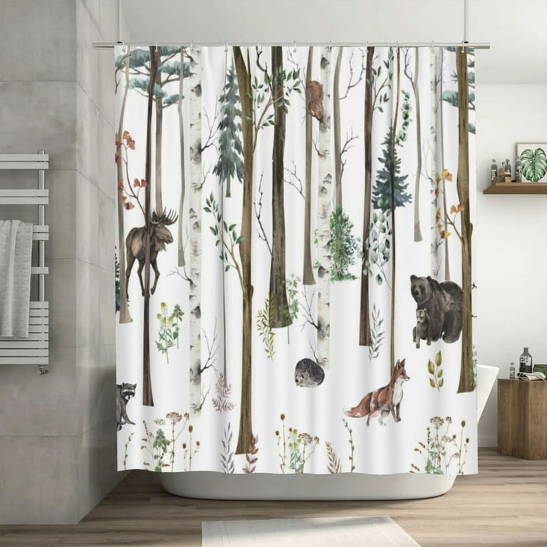 Rustic Forest Shower Curtain For Bathroom Lodge Cabin Country Hunting Wild Animal Bear Moose Deer Fox In With 12 Hooks 72x72 Inch