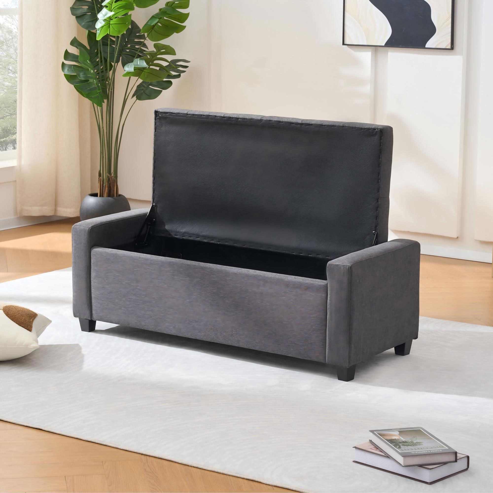 MAYEERTY 48 Inch Tufted Storage Ottoman Bench, Faux Linen Flip-Top Multi-Use Accent Bench for Bedroom Living Room Entryway