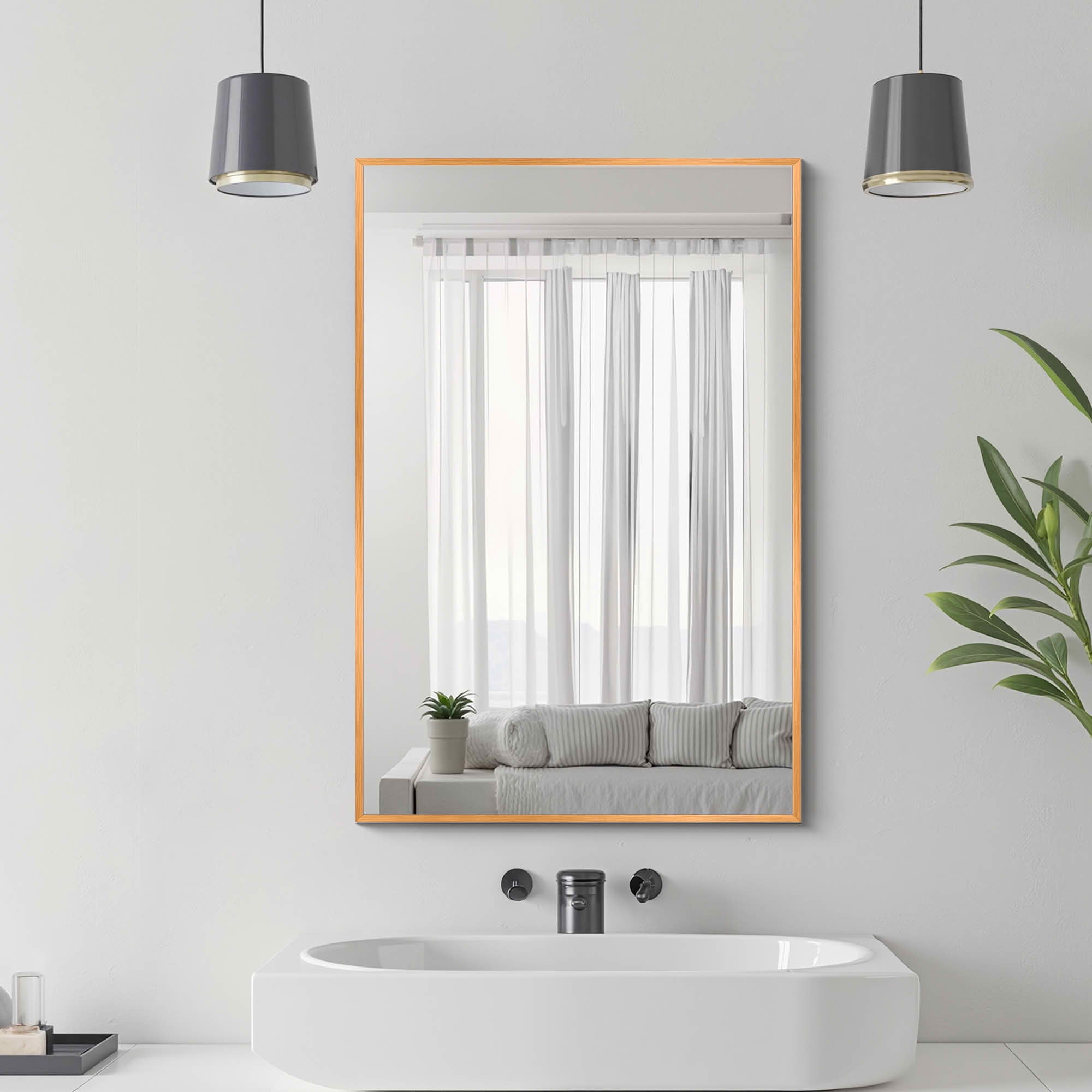 MAYEERTY 36x24x1 Inch Gold Thin Edge Aluminum Right Angle Rectangular Wall Mounted Mirror for Bathroom