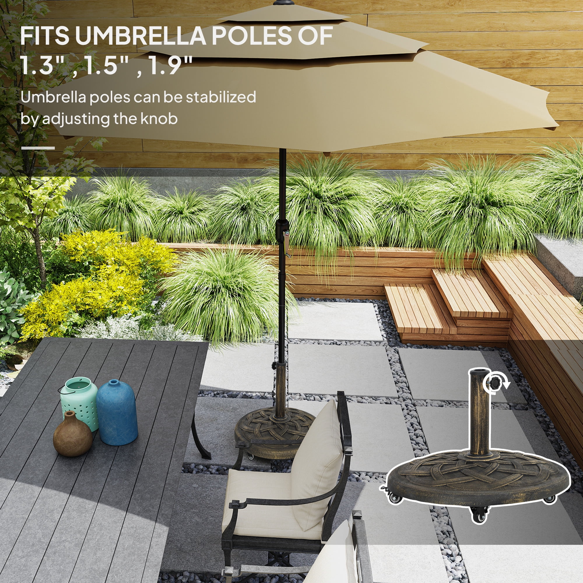 Outsunny Round Patio Umbrella Base with Wheels, 44 lbs Resin Umbrella Stand Base, Patio Umbrella Holder for 1.3"/1.5"/1.9" Umbrella Poles, Bronze