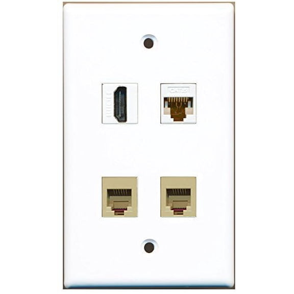 RiteAV - 1 Port HDMI 2 Port Phone RJ11 RJ12 Beige 1 Port Cat6 Ethernet White Wall Plate