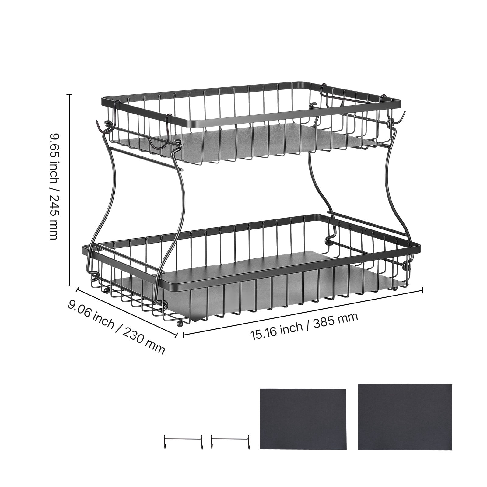 KFFKFF 2-Tier Fruit Basket with Banana Hooks, Metal Wire Storage Organizer for Kitchen Counter, Detachable and Stackable Holder for Fruits, Vegetables, Bread, and Snacks, Black