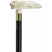 Walking Cane Antique Simulated Ivory Crouching Lion Fritz handle with black wood shaft, 36" long