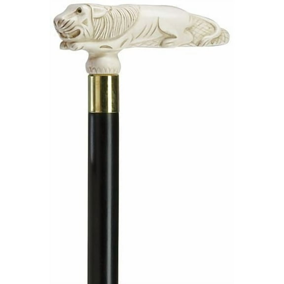 Walking Cane Antique Simulated Ivory Crouching Lion Fritz handle with black wood shaft, 36" long