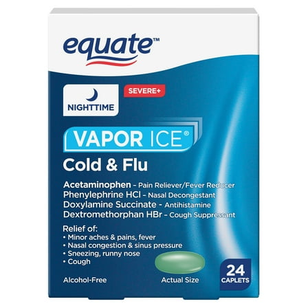 Equate Vapor Ice® Severe Nighttime Cold & Flu Relief Caplets – Max Strength Cold Medicine, 24 ct