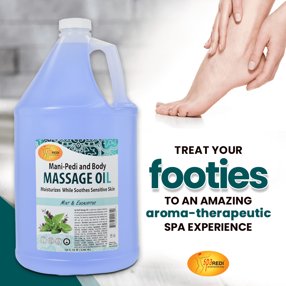 SPA REDI - Massage Oil, Mint Eucalyptus, 128 Oz - Professional Pedicure, Manicure, Body Massage Therapy, Made with Almond Oil, Cotton Seed Oil, Sunflower Oil, Avocado Oil, Essential Oils, Vitamin E