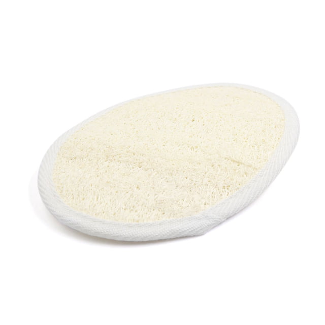 esponja exfoliante unique bargains de felpa para limpieza corporal beige, vista frontal centrada de lufa ovalada con borde tejido blanco y felpa texturizada, correa elástica para sujetar en la mano, para exfoliación y masaje en ducha o baño; también suele usarse para remover piel seca y células muertas.