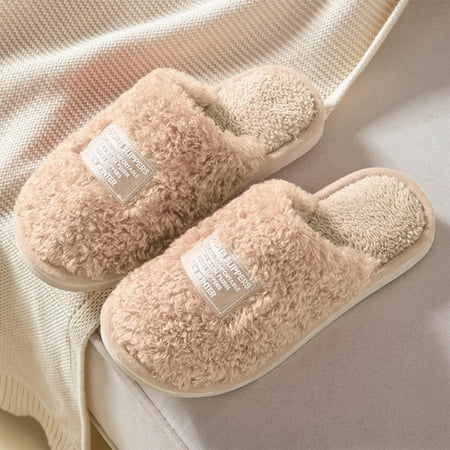 

ZXHACSJ Women s Cow Cotton Slippers Warm Home Cute Soft Plush House Slippers Beige 36