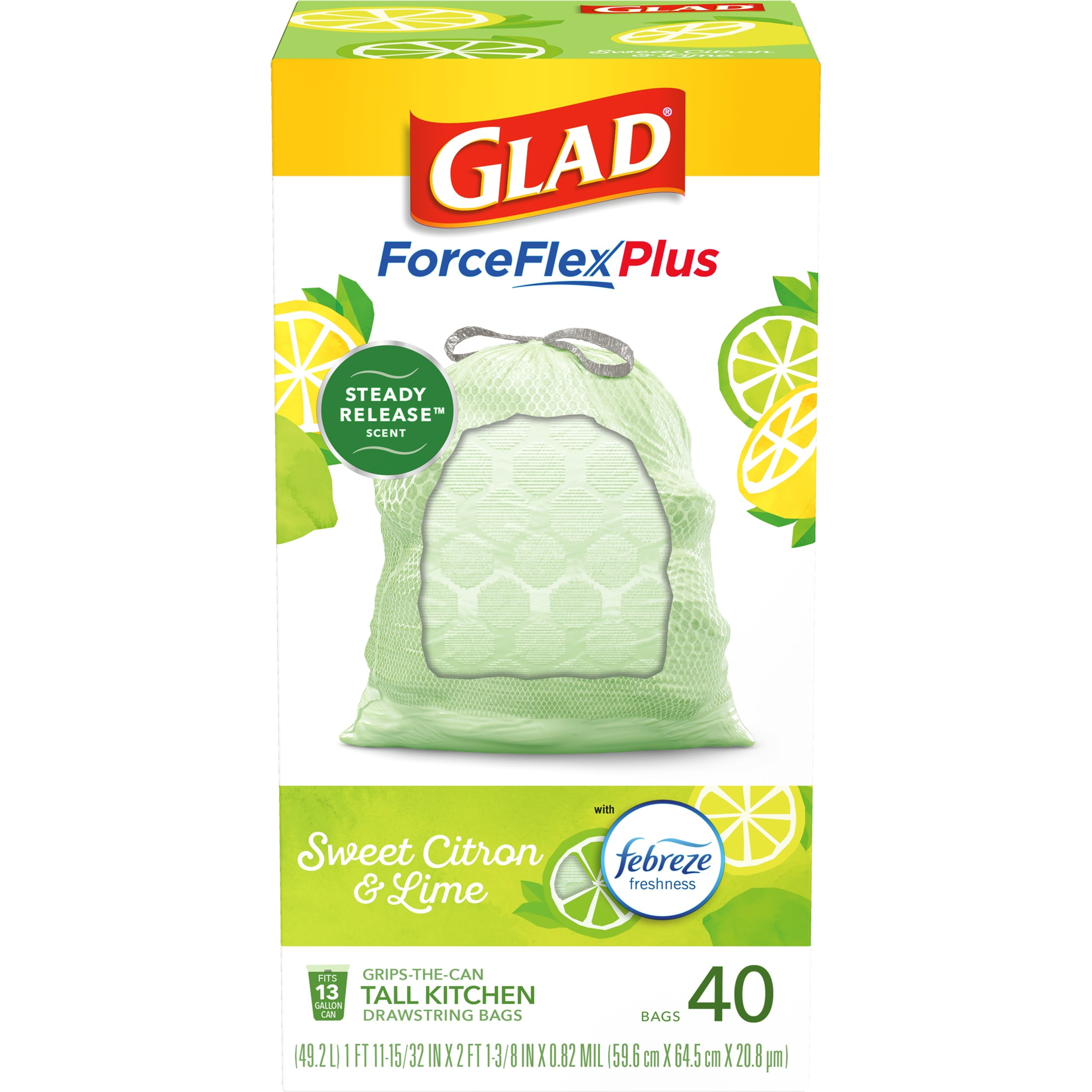 Glad ForceFlexPlus Tall Kitchen Trash Bags, 13 Gallon, 40 Bags (Sweet