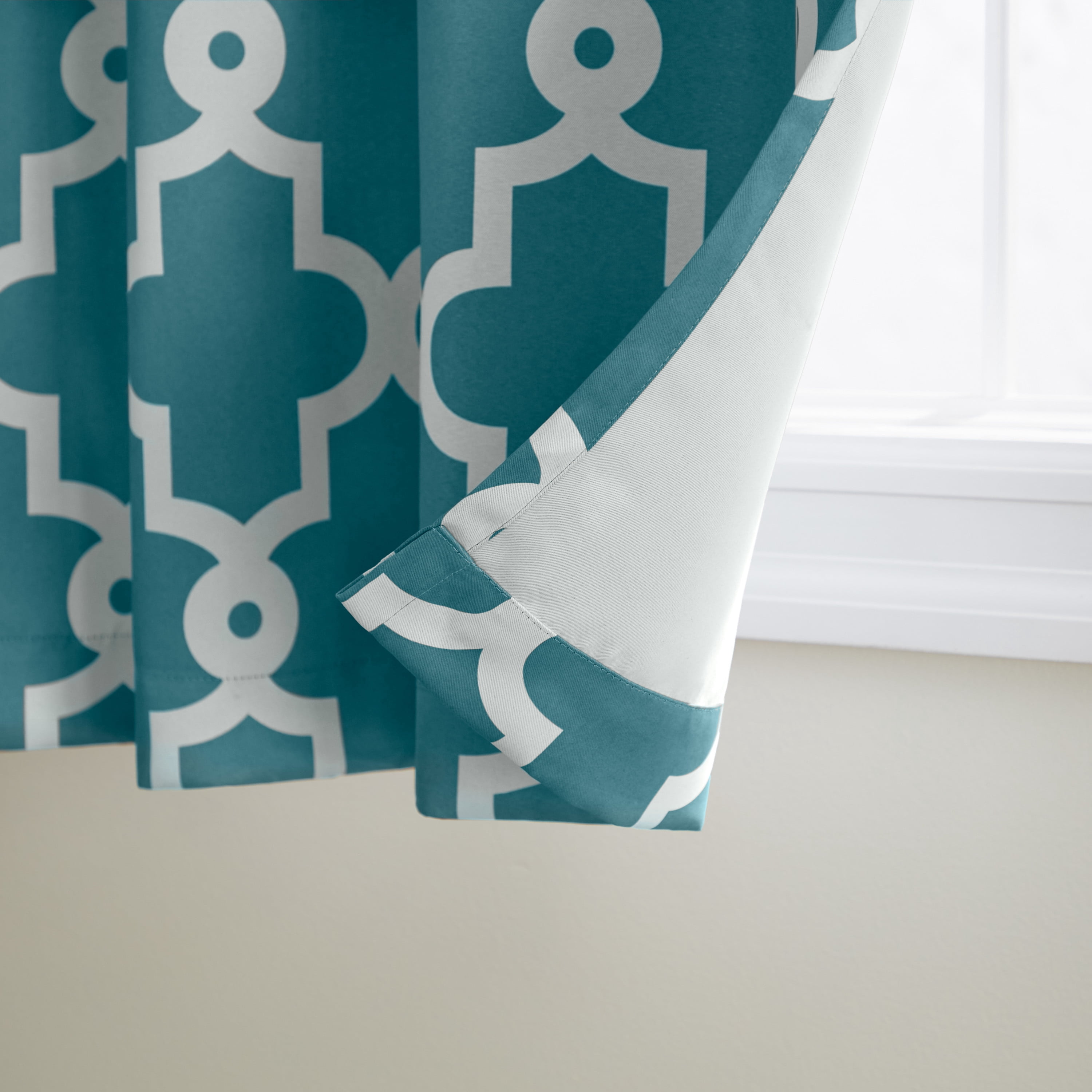 TOWN & COUNTRY EVERYDAY Ironwork Geo Trellis Sateen Indoor Curtains, Room Darkening Blackout, Grommet Top, Energy Efficient, 2-Pack Set, 52"x108", Teal