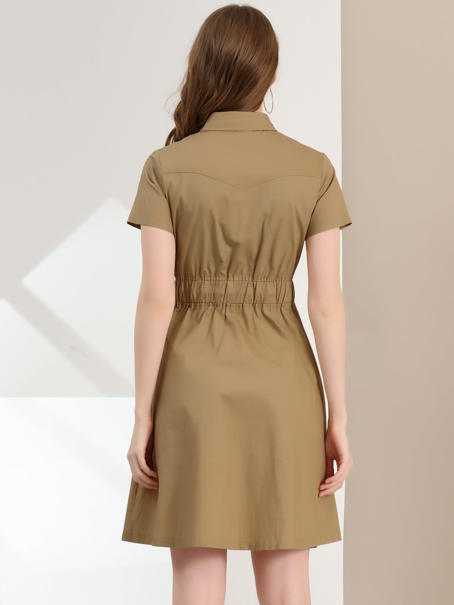 DARING DIVA Collar Elastic Waist Above Knee Dress with Pocket XS Khaki