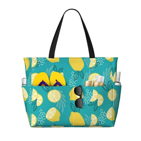 Wukai Lemon Blue Print Zipper Bag,large Beach Tote Bag,Waterproof Sandproof Bag,Grocery and Picnic Tote Travel Bag