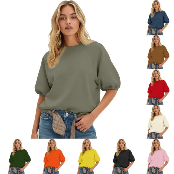 LIIPEE Womens Solid Color Sweatshirts Short Sleeve Crew Neck Loose Sweatshirt Ladies Fall Cozy Breathable Everyday Pullover,XL