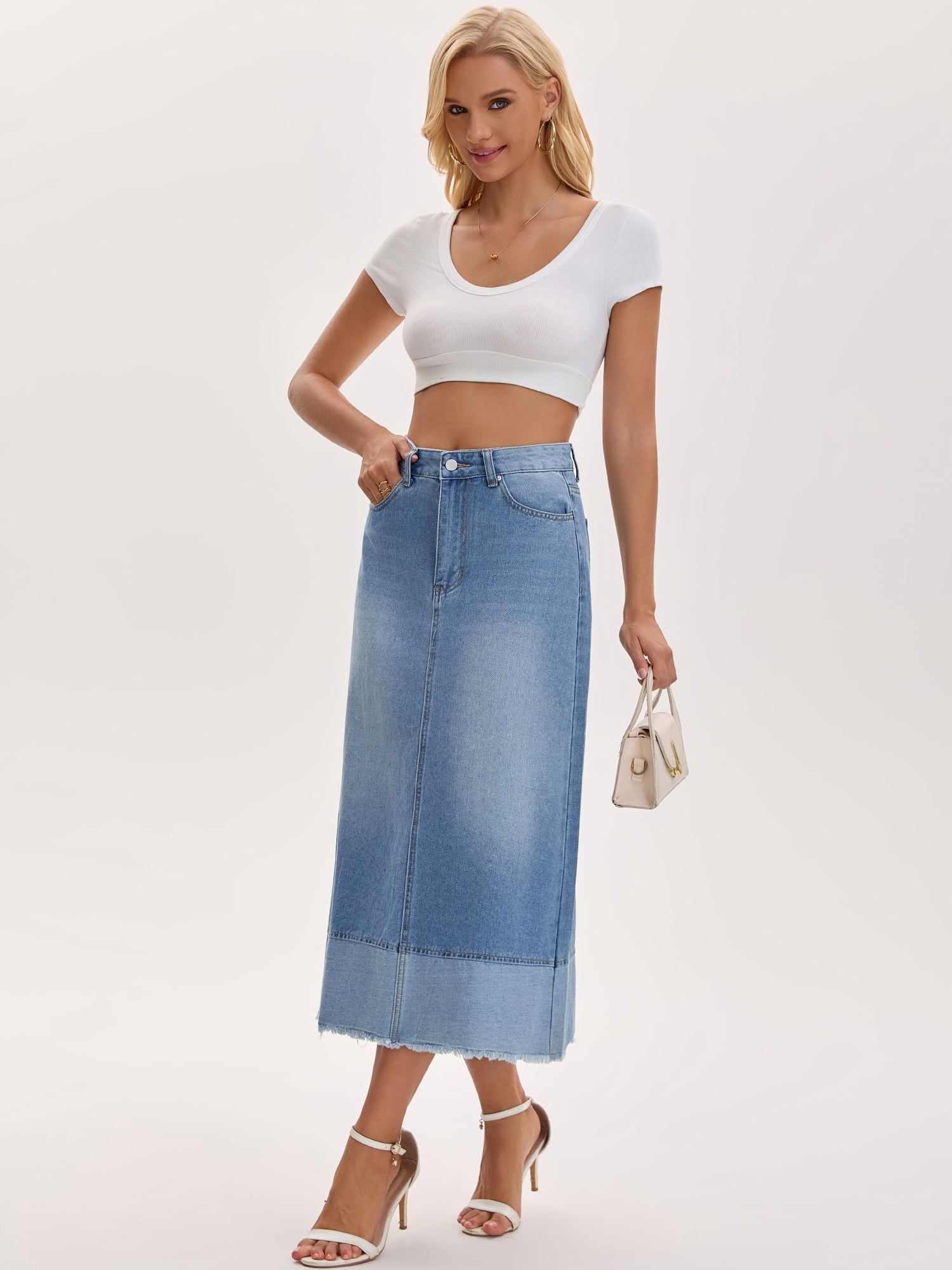 DARING DIVA Women's Denim Maxi Contrast Panel A Line Long Jean Skirts Small Light Blue