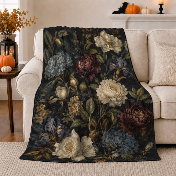 Dark Vintage Garden Floral Pattern with Hydrangeas, Peonies, Iris and Leafy Stems, Soft Flannel Blanket, Home Decor for Women, Living Room and Bedroom, Anniversary Gift, Botanical Art