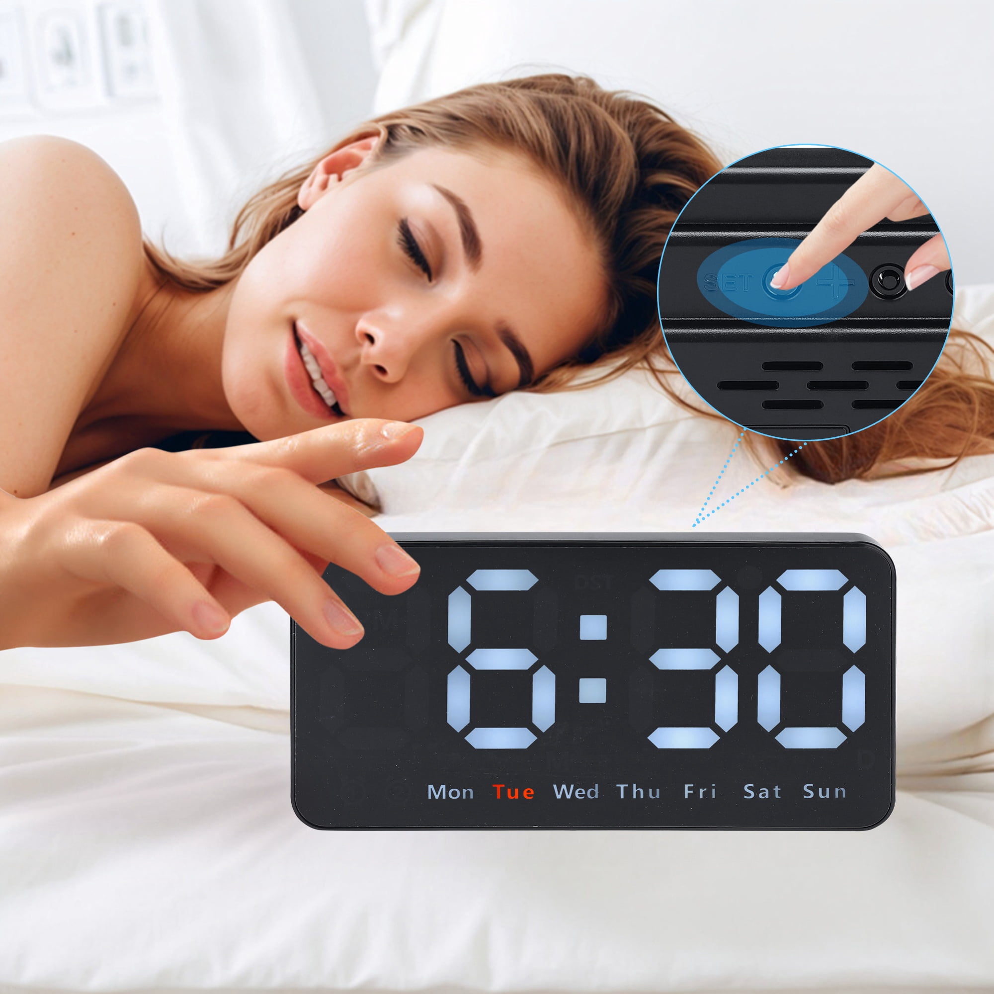 Unique Bargains 2 Pcs Digital Dual Alarm Clock Dimmable Wall Clocks White