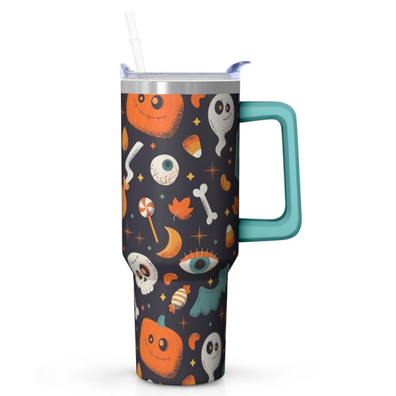 Halloween Cup, Scary Skull Pumpkin Tumbler 40oz with Handle and Straw, Insulated Coffee Travel Gift Mug