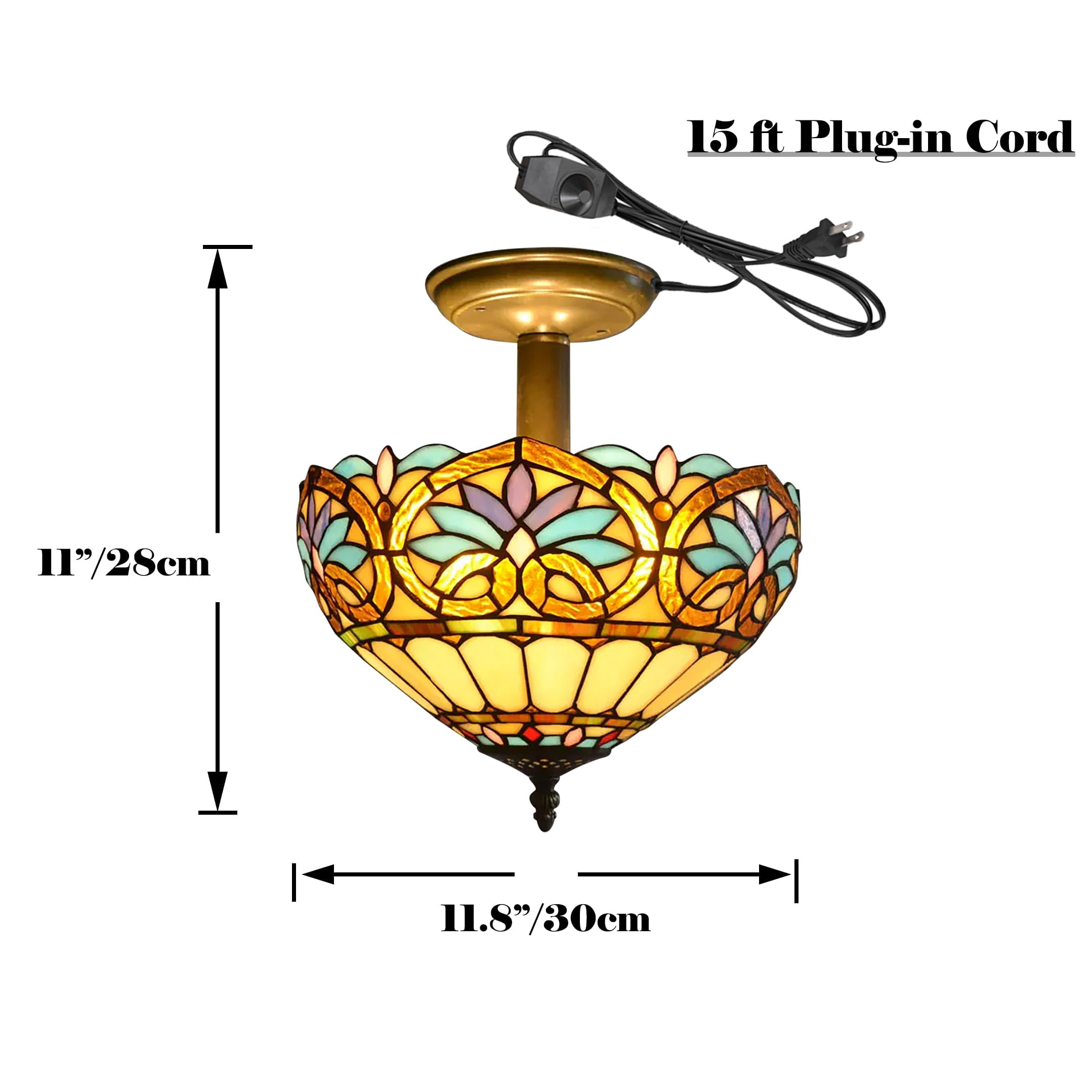 Kiven 11.8in Plug-in Flush Mount Ceiling Light Fixture, 2-Light Anti Glare Close to Ceiling Light with 15FT Cord, Tiffany-Style Glass Chandelier Dimmable for Bedroom Kitchen Hallway(No.3194)