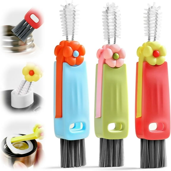 3 in 1 Cup Lid Gap Cleaning Brush, Multifunctional Water Bottle Cleaner Brushes, Portable Travel Bottle Cleaning Brush for Gap Tight Spaces Cover Crevice Home Kitchen Cleaning Tools (3 Pack)