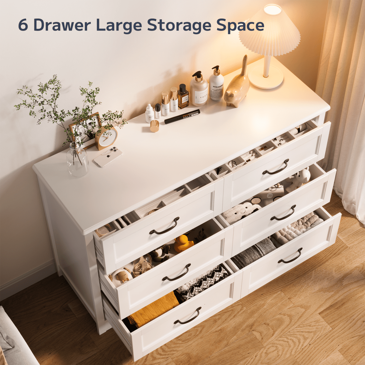 Asofer 6-Drawer White Dresser Cabinet, Sturdy Wood Double Chest for Bedroom