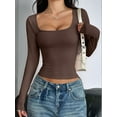 thumbnail image 3 of Womens Long Sleeve Shirts Crop Tops Square Neck Going Out Basics Tees Y2K Winter Clothes 2025 Dark Brown M, 3 of 5