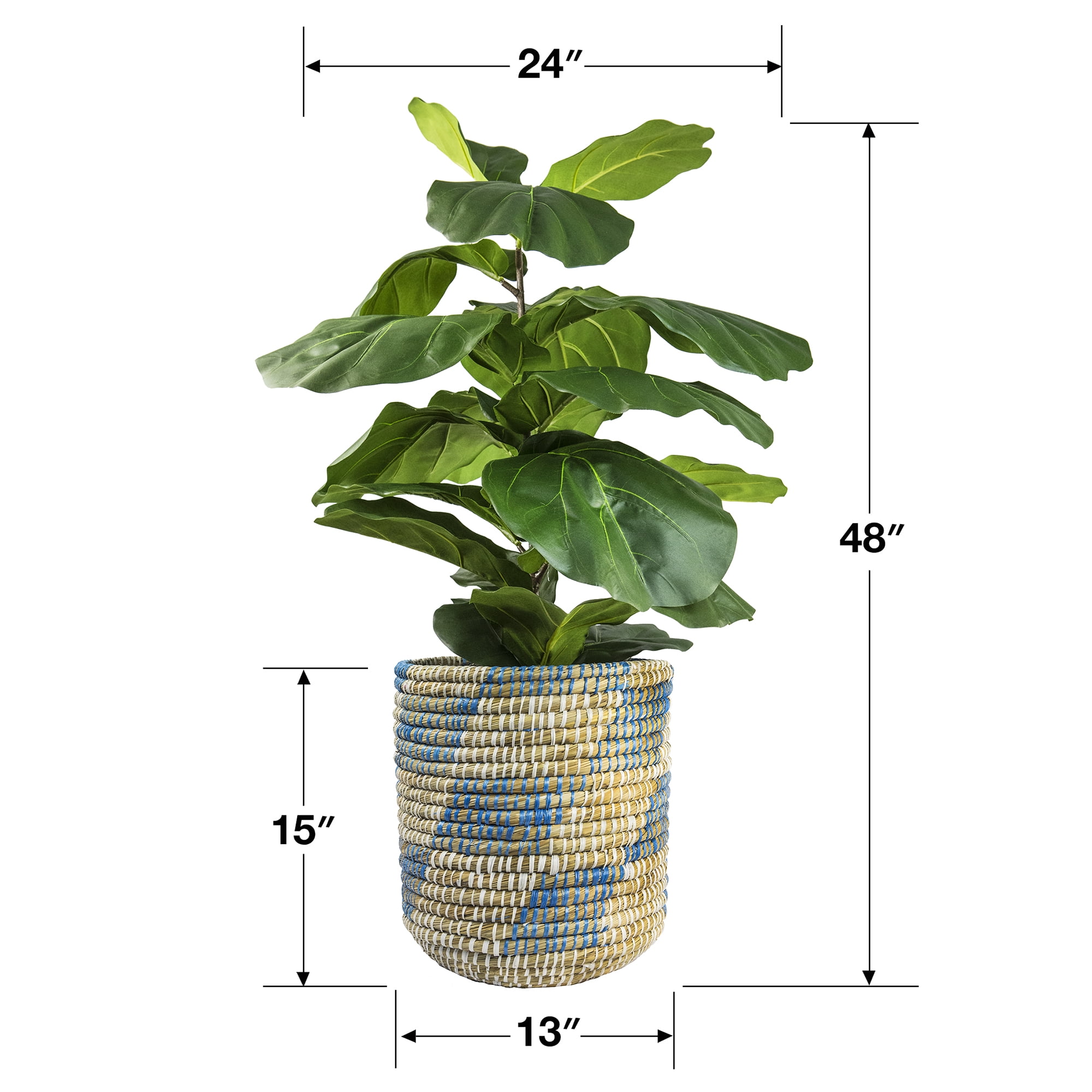 LCG Florals Artificial Plant, Deluxe Fig Plant, 4 ft, Blue and Cream Handwoven Basket