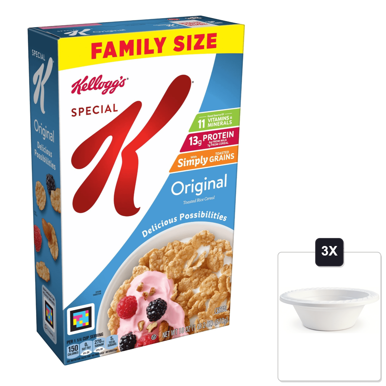 Kelloggs Special K, Breakfast Cereal, Original, Made With Folic Acid, B Vitamins, And Iron, Value Size, 18 oz(Pack Of 6) & 3x 12oz Disposable Plastic Bowl