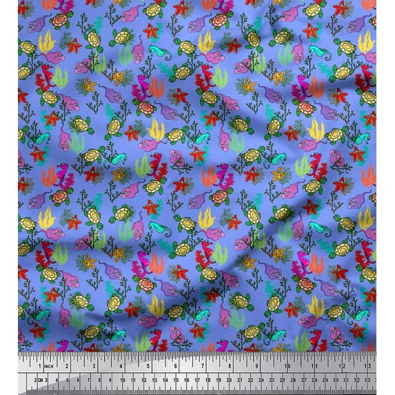 Soimoi Japan Crepe Satin Fabric Coral,Starfish & Turtle Ocean Print Fabric by The Yard 42 Inch Wide