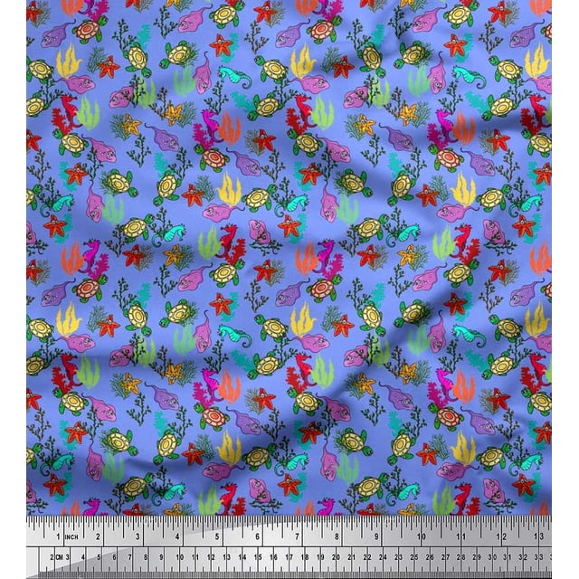 Soimoi Rayon Fabric Coral,Starfish & Turtle Ocean Print Sewing Fabric Yard 56 Inch Wide