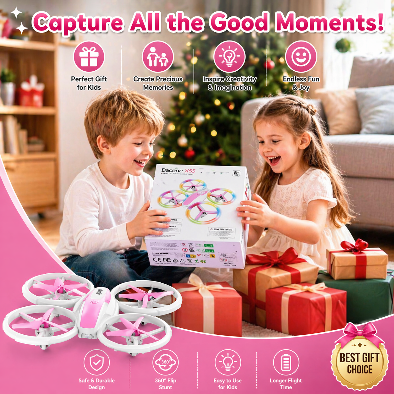 Kid Drone for Kids, Drone for Kid with LED Lights, Mini Drone for Kid, Toy Drone Quadcopter Remote Controls Drone for Children Boys Girls, Small Flying Toy for Kid Pink