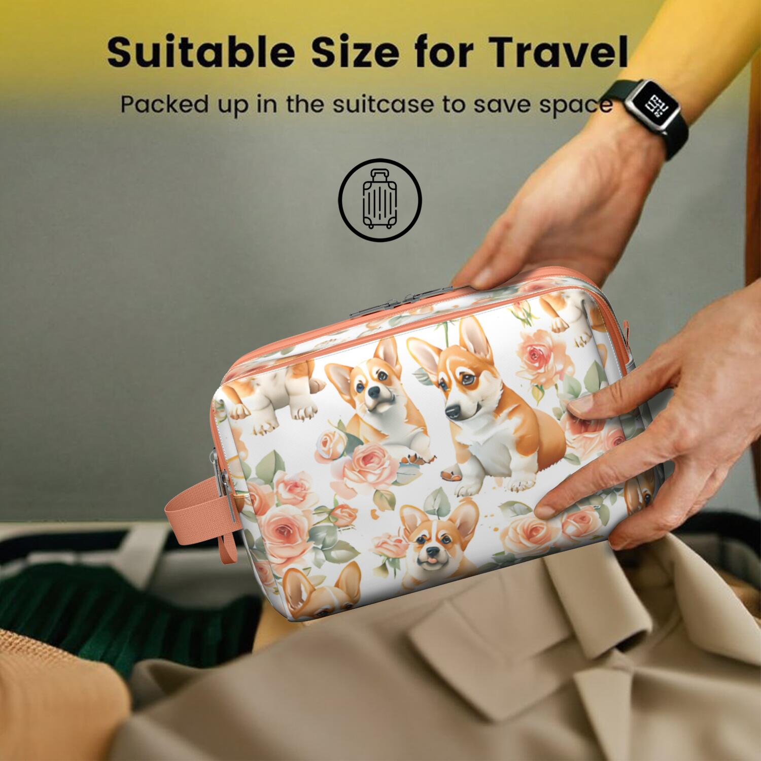 Toiletries Bag,Corgi Dog and Flower Florals Mens Womens Toiletry Bag Bathroom Bag,Waterproof Toiletry Travel Bag Dopp Kit Shaving Bag 11x6.3x5.1 Inch