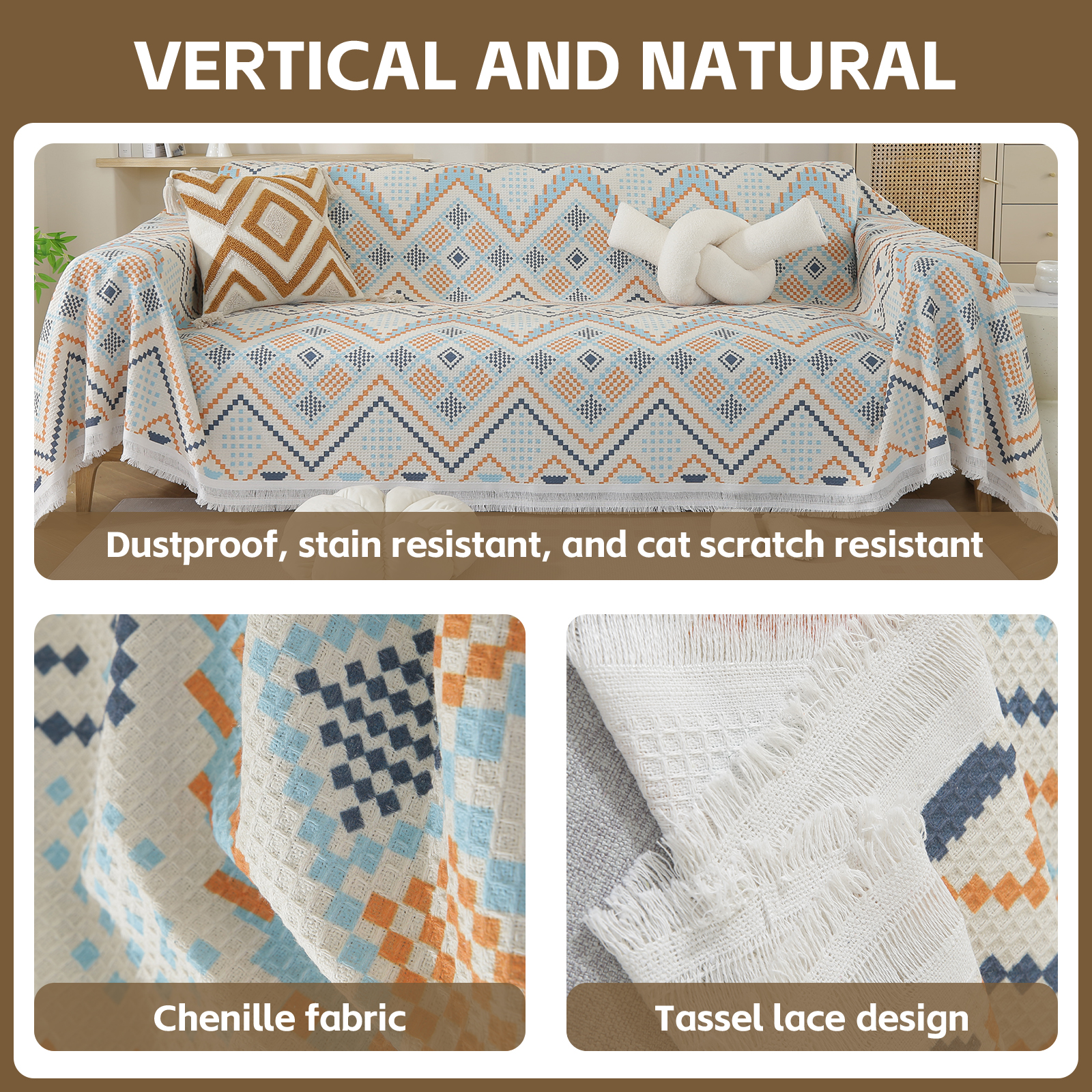 Croniis Boho Sofa Cover with Anti-slip Velcro Tape, Couch Blanket Cover Sectional Sofa Cover for Boho Style, Revitalizing the Old Sofa,Couch Protector,Printing Process 71*150in
