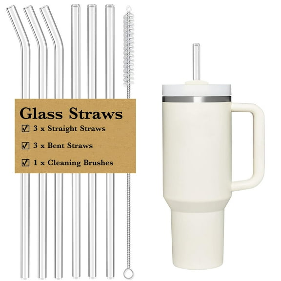 Reusable Glass Straws for Stanley 40 oz 30 oz Tumblers, 6 Pack Long Straw Replacement with Brush, BPA Free Cold Heat Resistant Drinking Straws, Cup Accessories, White